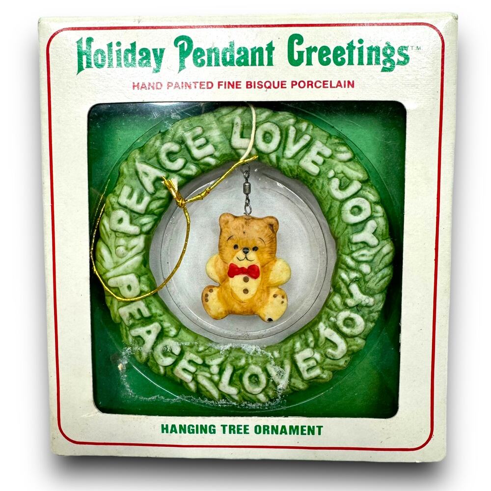 Vintage Jasco Taiwan Hand Painted Bisque Porcelain Wreath Bear Tree Ornament